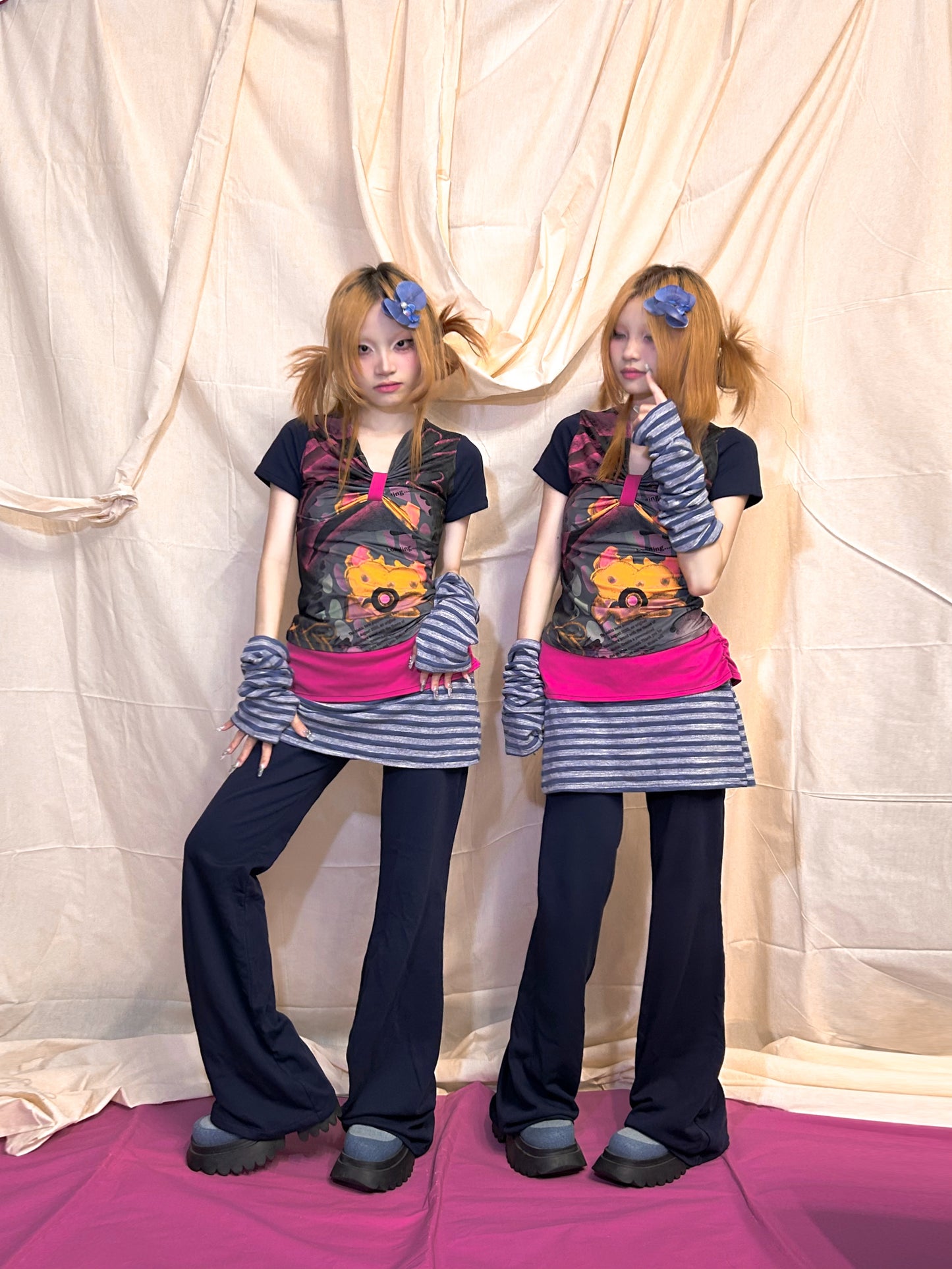 YJM with biubiu Royal Blue Striped Pants | Fold-Over Waist Skort Pants pants YJM with biubiu