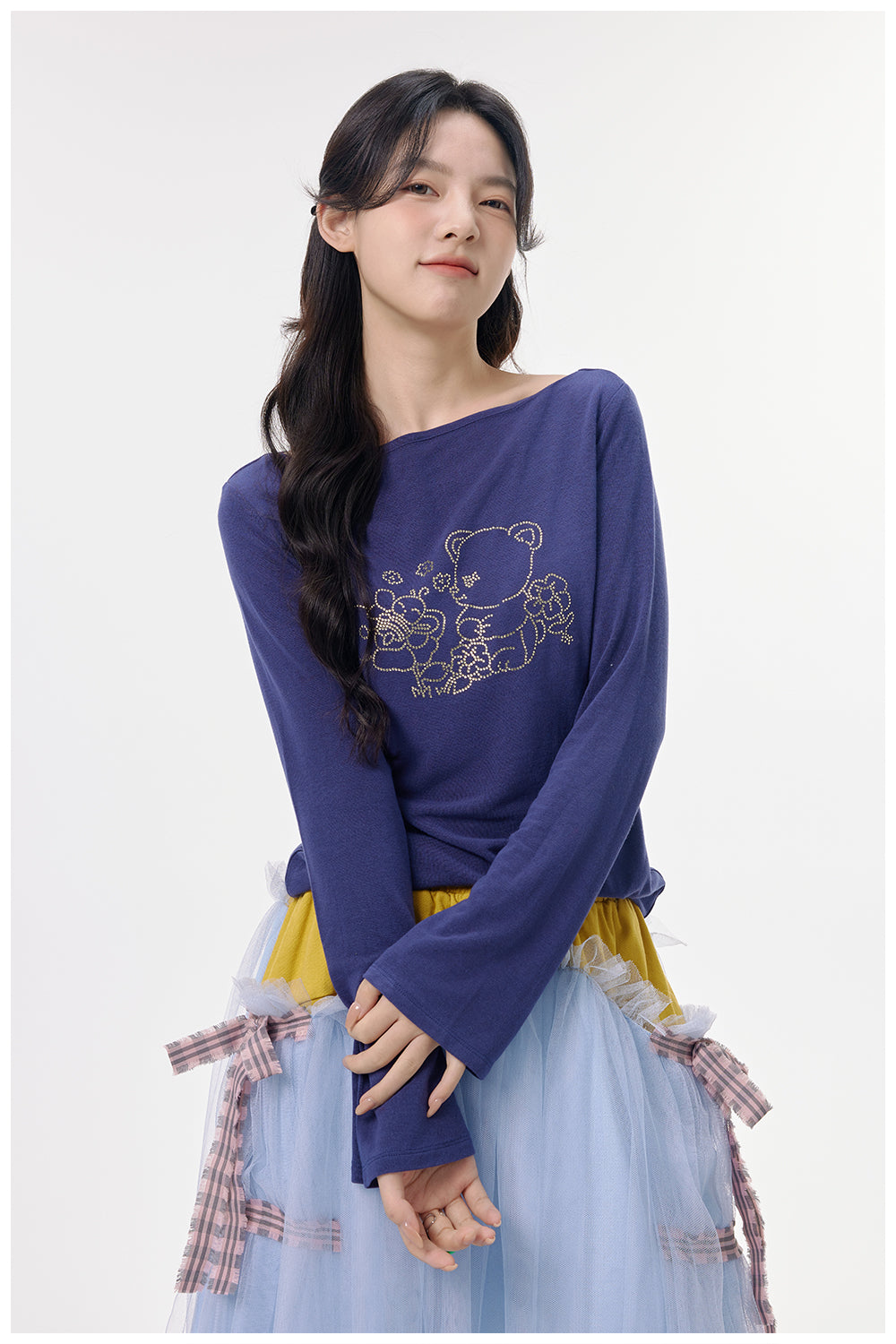 Tntntutu Base Layer Top | Dark Blue Bear Long Sleeve Shirt | Rhinestone Comfort Top shirt tntntutu
