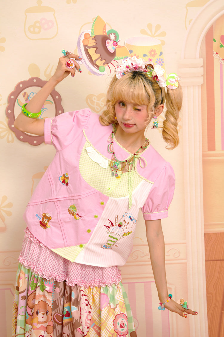 Lutra Jump - Decora Kei Pink Asymmetric Collar Embroidered Shirt shirt Lutra Jump