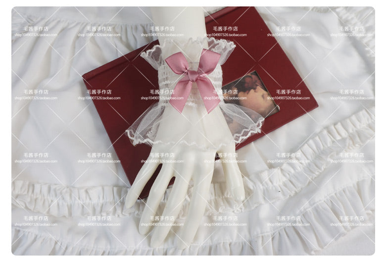 MaoJiang - Kawaii White Lace Bow Wrist Cuffs sleeves maojiang Mauve Pink Bow White Elastic Wrist Cuffs (Pair)