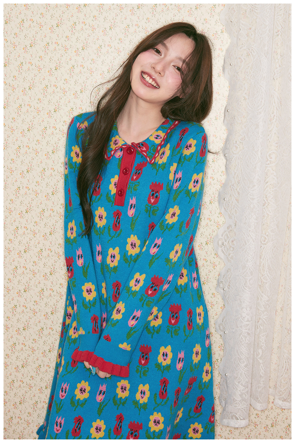 tntntutu - Kawaii Blue Cartoon Flower Knit Dress Long Sleeve dress tntntutu