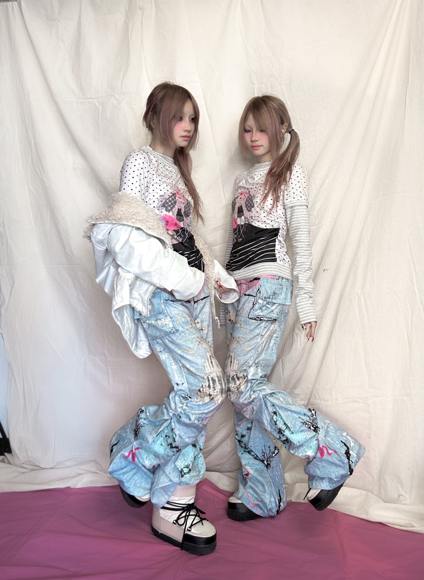 YJM with biubiu Graffiti Ruched Pants | Low-Waist Thin Long Pants pants YJM with biubiu
