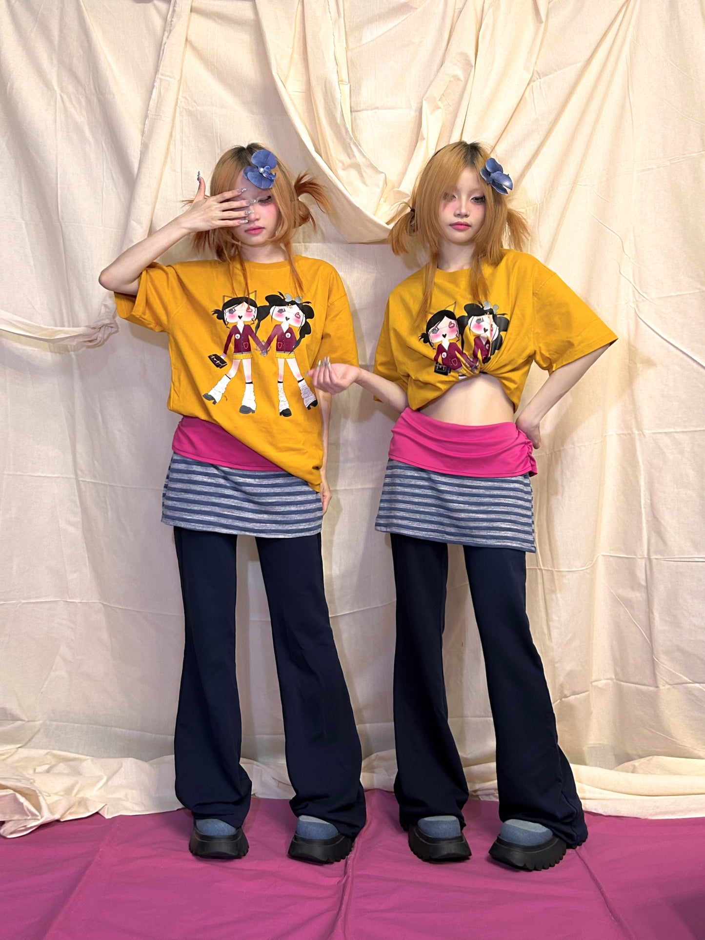 YJM with biubiu Royal Blue Striped Pants | Fold-Over Waist Skort Pants pants YJM with biubiu