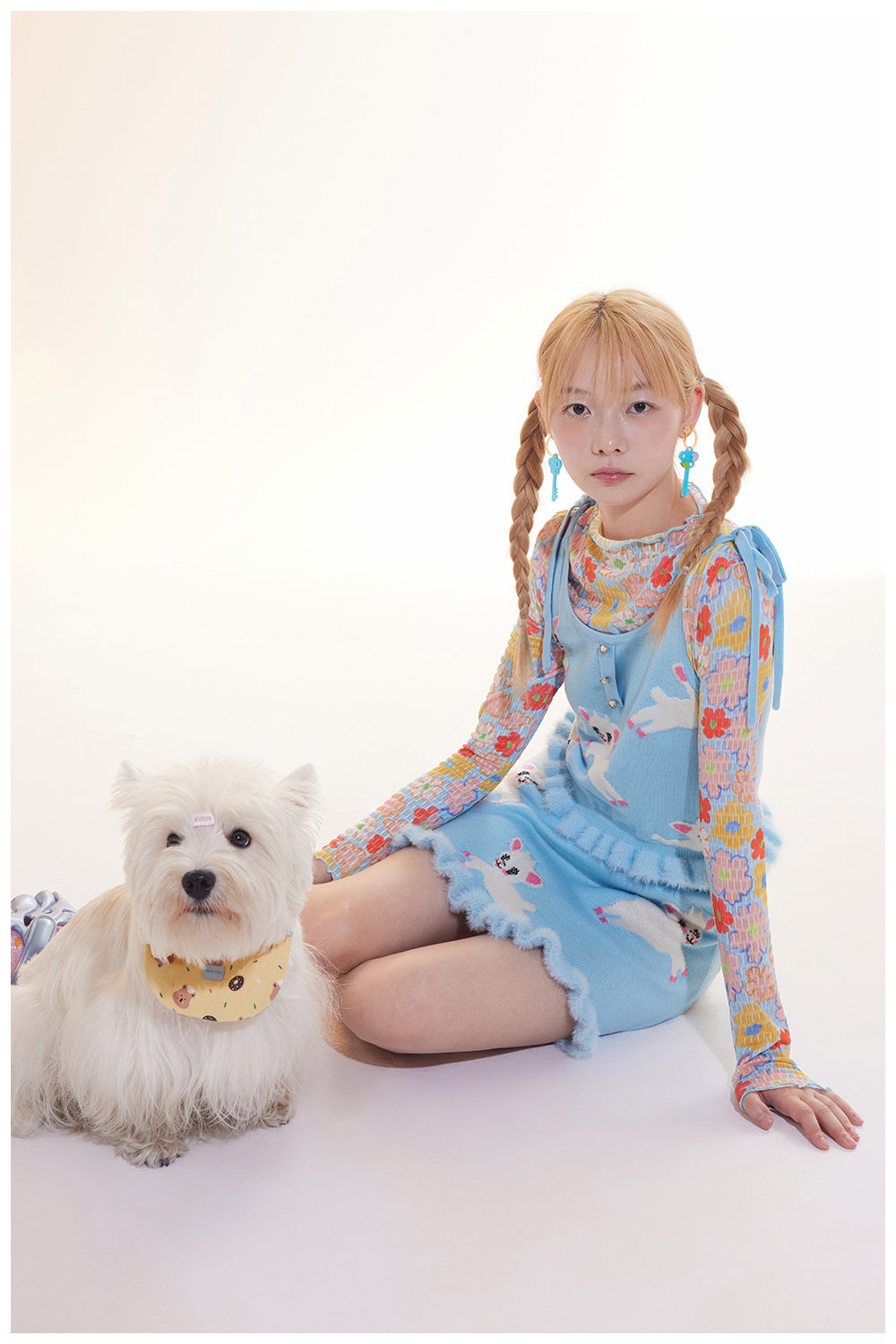 Tntntutu Knitted Set Blue Lamb Illustration Knitted Set Furry Flared Skirt Cozy Top set tntntutu