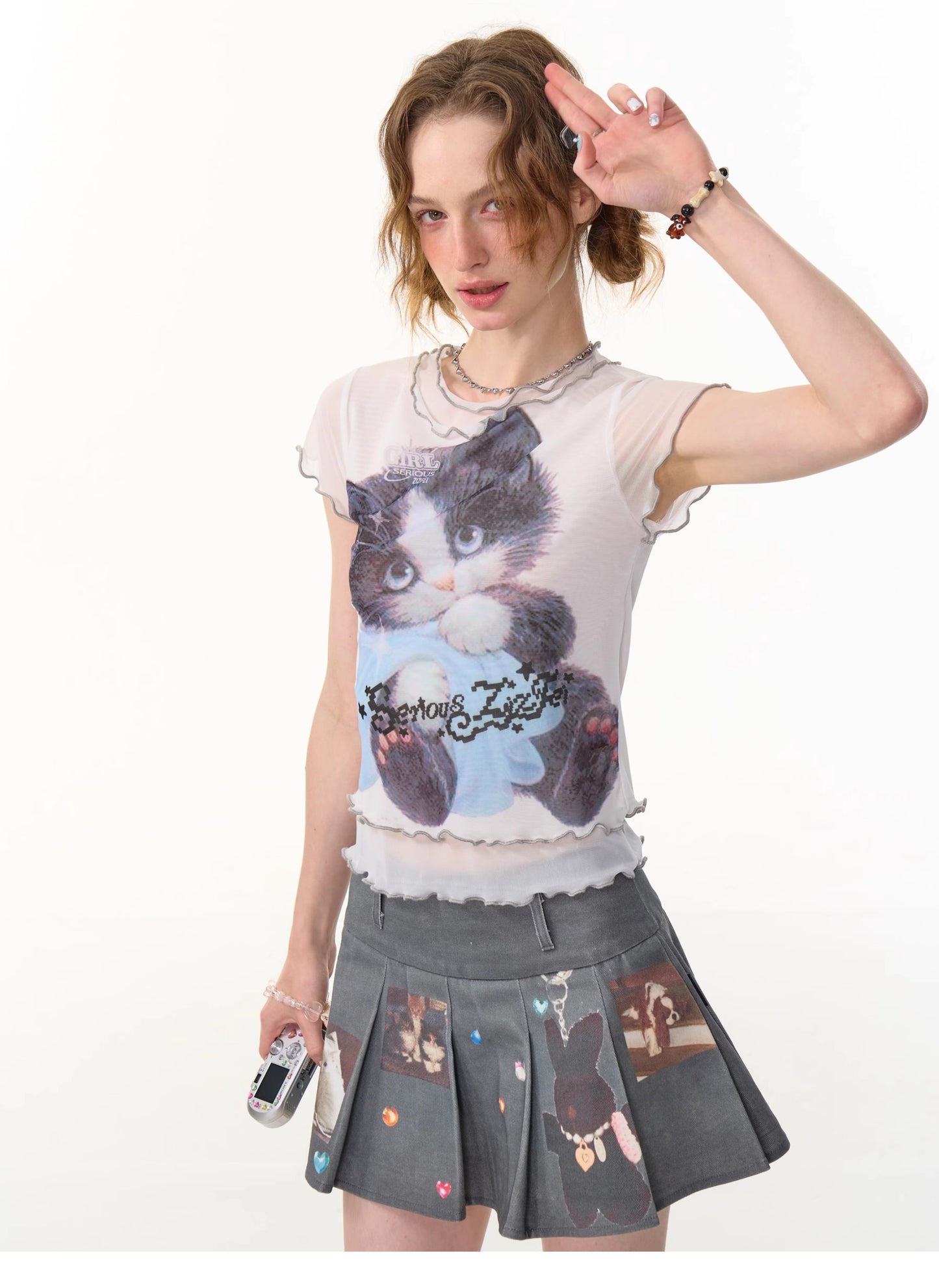 ziziFei - Girly Cat Print Mesh Layered T-Shirt tshirt ziziFei