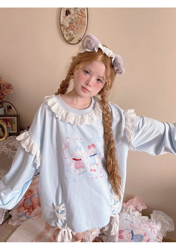 Labeau - Kawaii Ballet Bunny Lace Trim Ribbon Sweatshirt sweatshirt Labeau