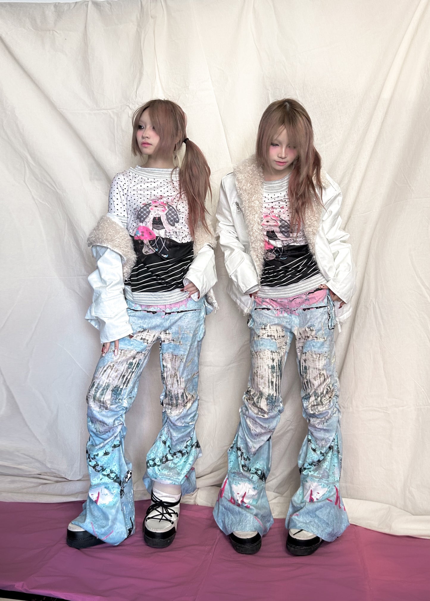 YJM with biubiu Graffiti Ruched Pants | Low-Waist Thin Long Pants pants YJM with biubiu