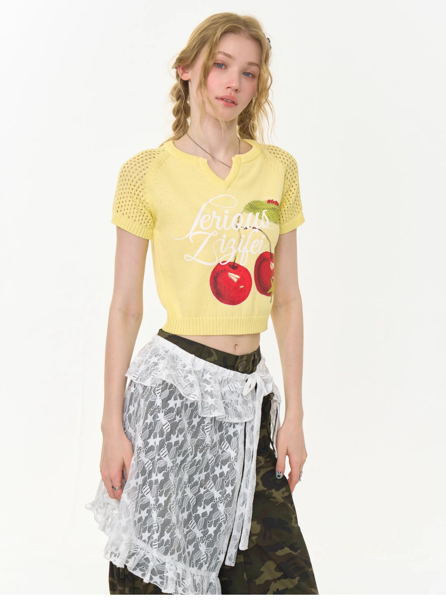 ziziFei - Girly Cherry Print V Neck Knit T Shirt shirt ziziFei