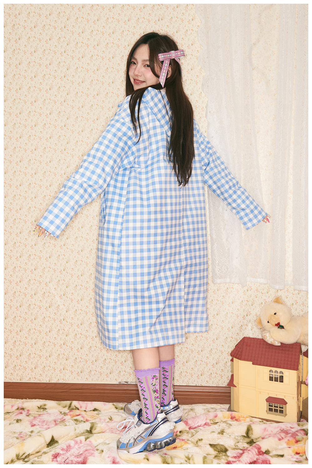 tntntutu - Blue Plaid Hooded Trench Coat w/ Bear Brooch Trench tntntutu