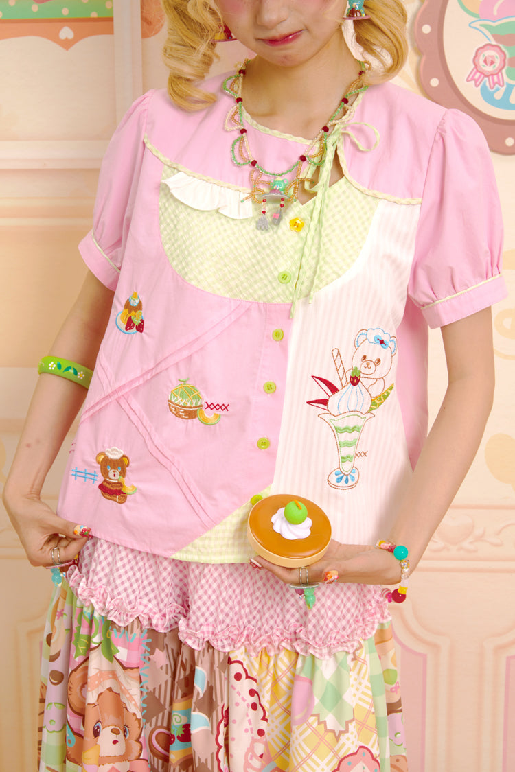 Lutra Jump - Decora Kei Pink Asymmetric Collar Embroidered Shirt shirt Lutra Jump