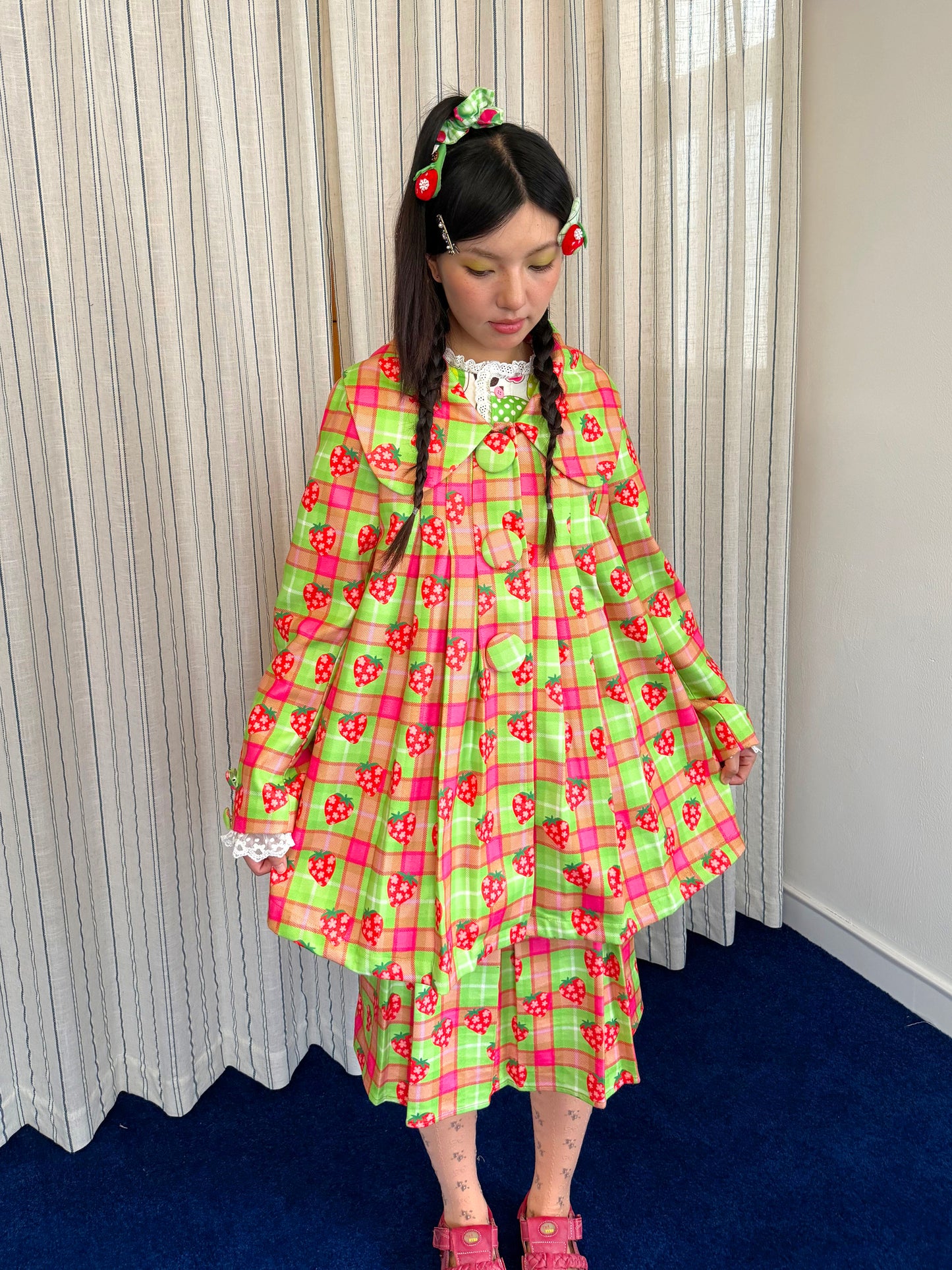 FRUITS - Kawaii Strawberry Plaid Pleated Coat jacket Fruits