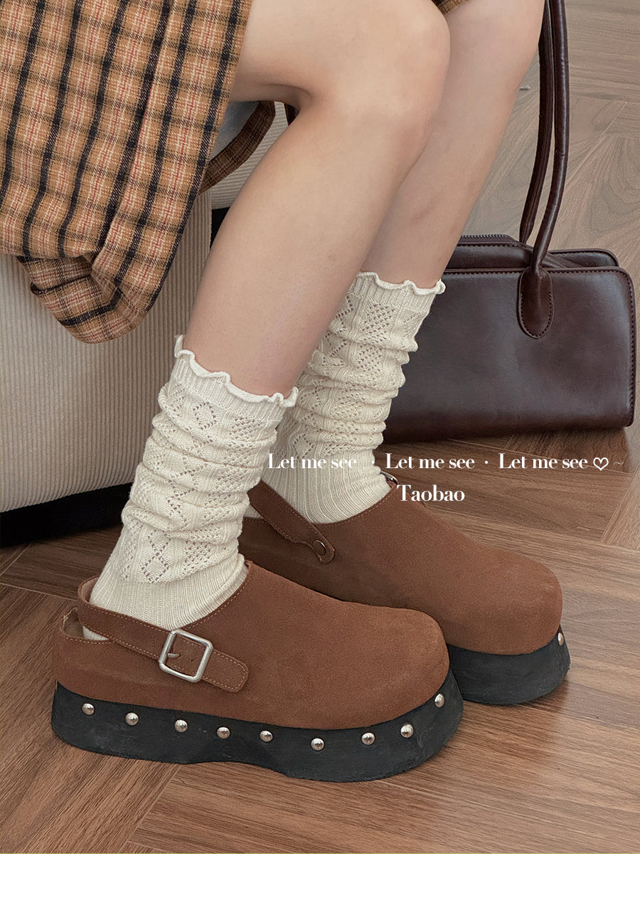 LET ME SEE 古早风镂空针织花边袜 木耳边芭蕾小腿袜女堆堆针织袜 sock let me see