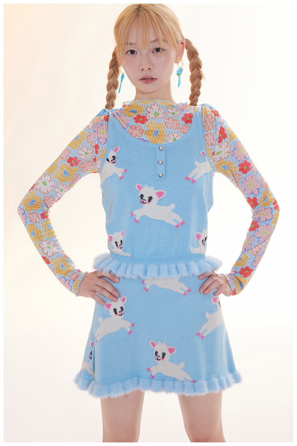 Tntntutu Knitted Set Blue Lamb Illustration Knitted Set Furry Flared Skirt Cozy Top set tntntutu