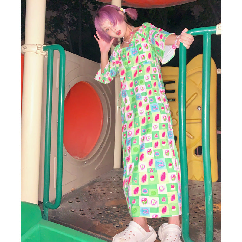 Harajuku Dress Green Floral Dress Summer Plaid Design Cute Unique Dress dress Moon Meadow