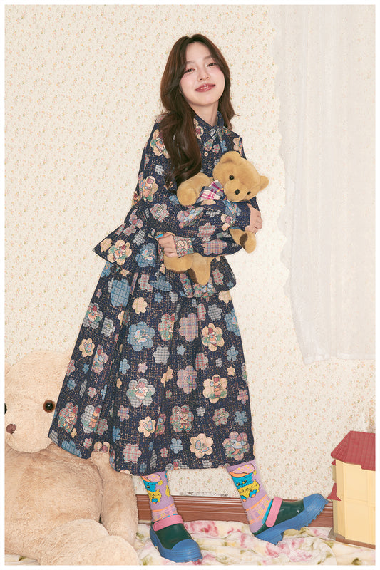 tntntutu - Woven Flower Teddy Illustration Tweed Shirt Jacket Pants Skirt Set set tntntutu