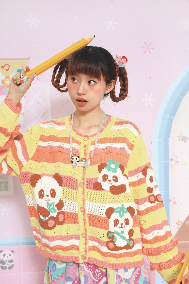 Lutra Jump Cardigan Striped Panda Cardigan Hollow Lace Knit Sweater cardigan Lutra Jump