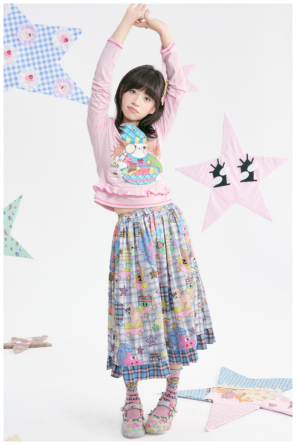 tntntutu - Pink Illustration Ruffle Long Sleeve Top shirt tntntutu