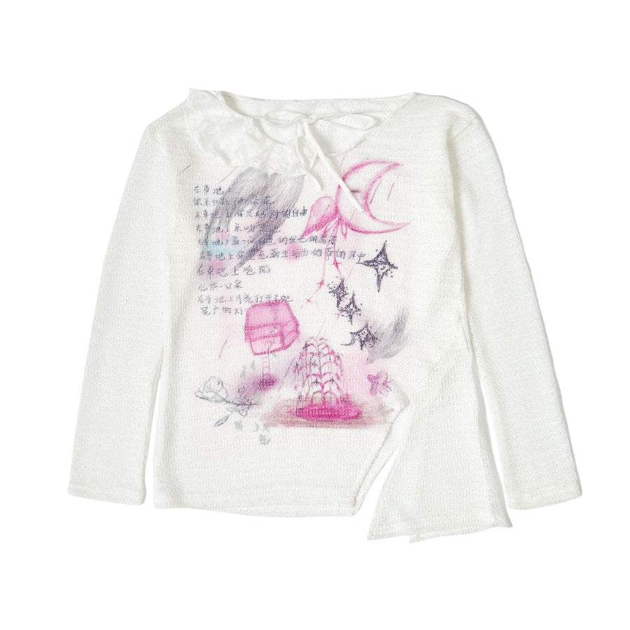 Harajuku Shirt Knitted Print T-shirt Vintage Loose Long Sleeve Top shirt Moon Meadow