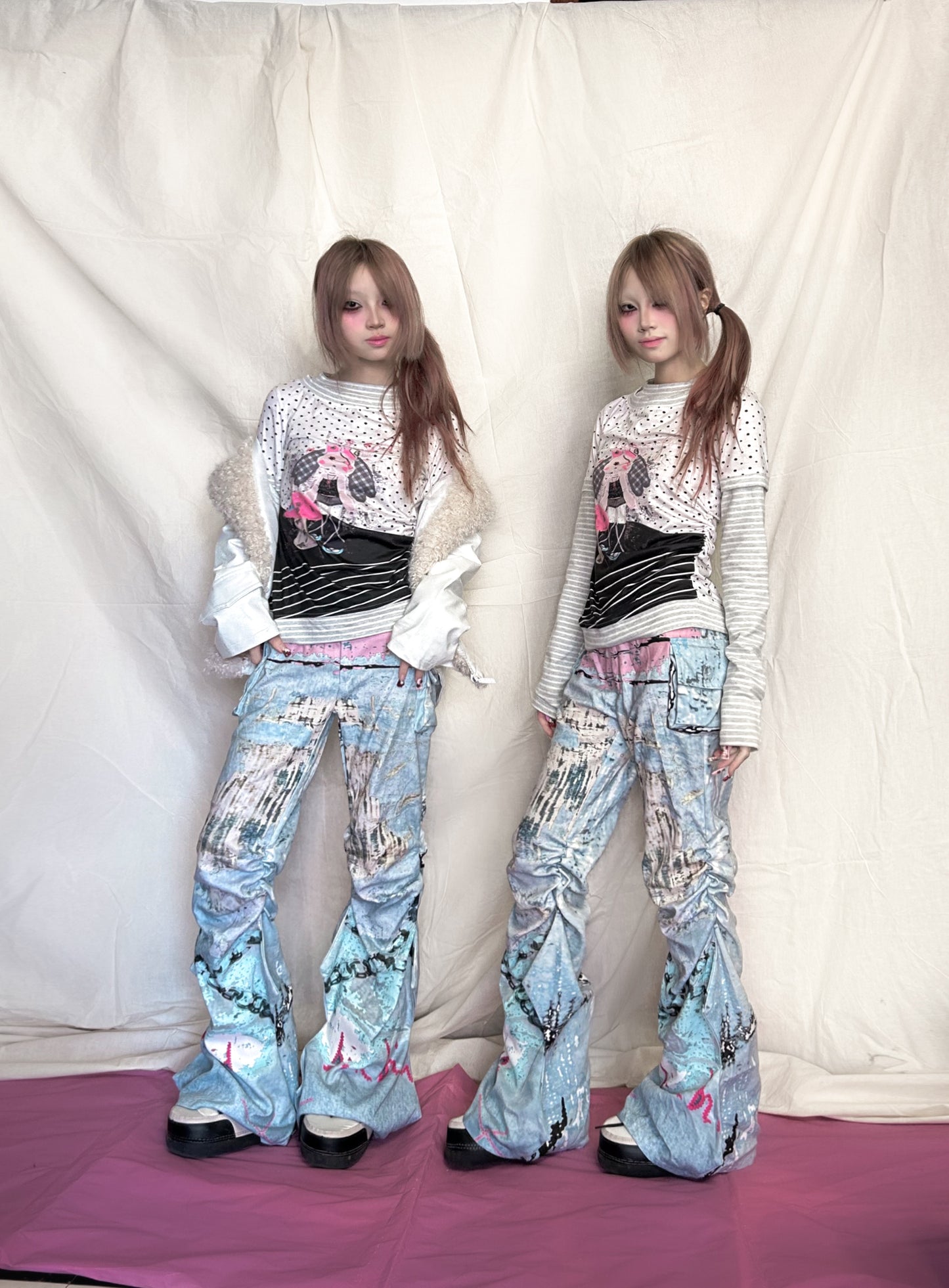 YJM with biubiu Graffiti Ruched Pants | Low-Waist Thin Long Pants pants YJM with biubiu