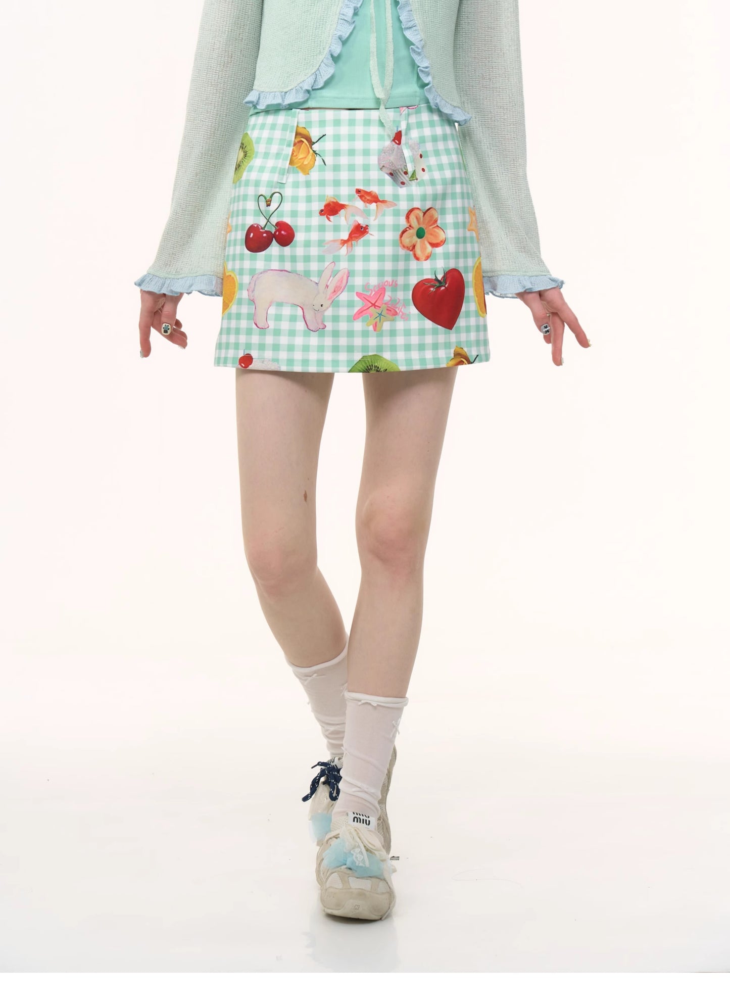 ziziFei - Girly Fruit Print Plaid High Waist Mini Skirt skirt ziziFei