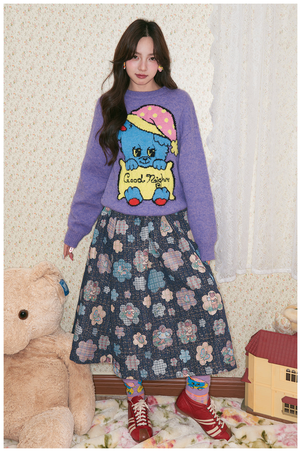 tntntutu - Woven Flower Teddy Illustration Tweed Shirt Jacket Pants Skirt Set set tntntutu