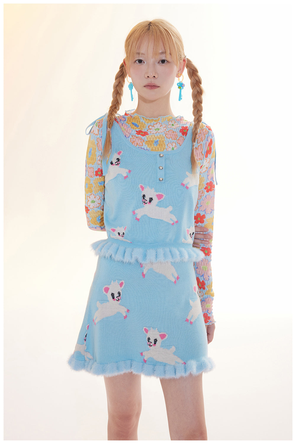 Tntntutu Knitted Set Blue Lamb Illustration Knitted Set Furry Flared Skirt Cozy Top set tntntutu