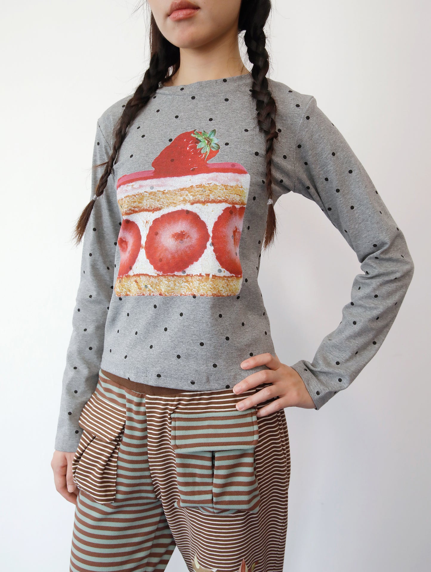 FRUITS - Kawaii Strawberry Cake Polka Dot Long Sleeve Top shirt Fruits Grey S