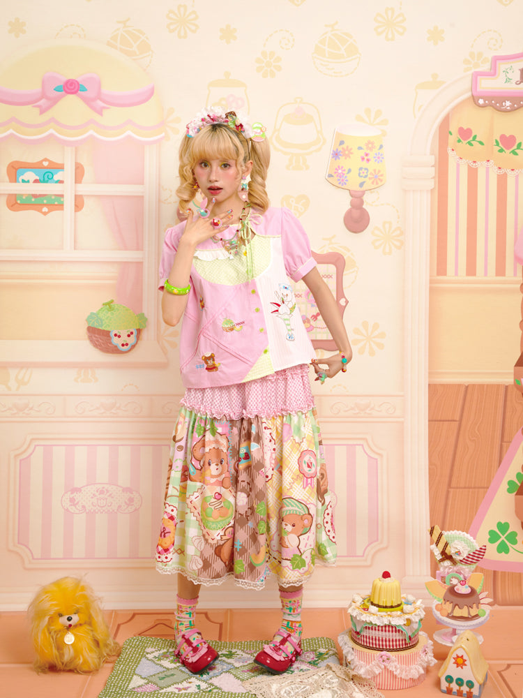 Lutra Jump - Decora Kei Pink Asymmetric Collar Embroidered Shirt shirt Lutra Jump