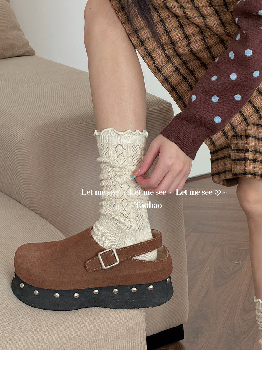 LET ME SEE 古早风镂空针织花边袜 木耳边芭蕾小腿袜女堆堆针织袜 sock let me see