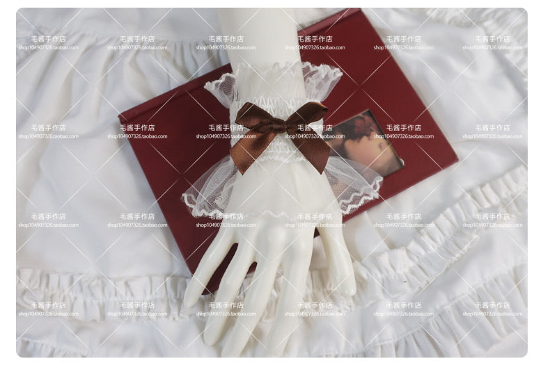 MaoJiang - Kawaii White Lace Bow Wrist Cuffs sleeves maojiang Dark Brown Bow White Elastic Wrist Cuffs (Pair)