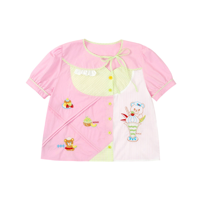 Lutra Jump - Decora Kei Pink Asymmetric Collar Embroidered Shirt shirt Lutra Jump