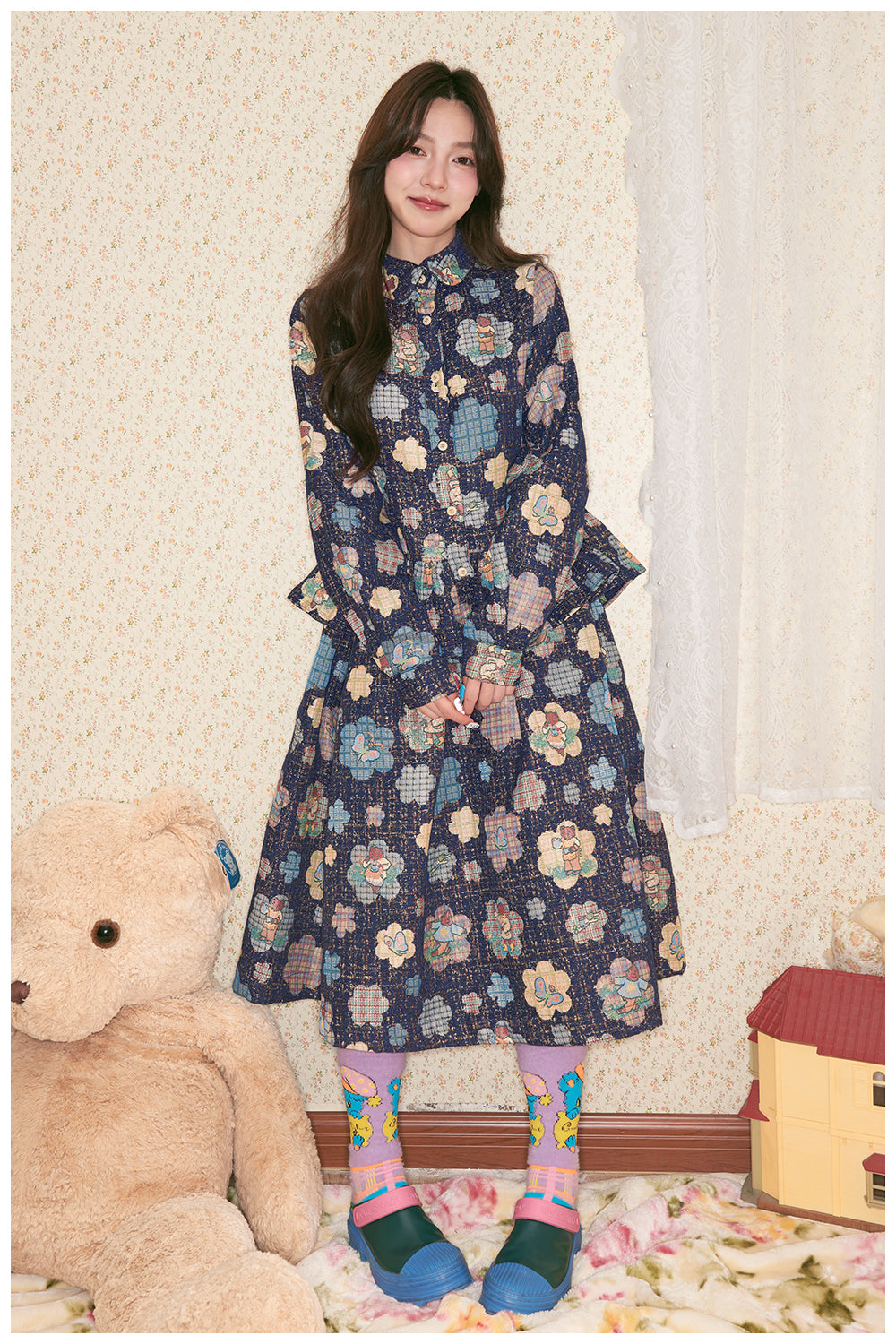 tntntutu - Woven Flower Teddy Illustration Tweed Shirt Jacket Pants Skirt Set set tntntutu