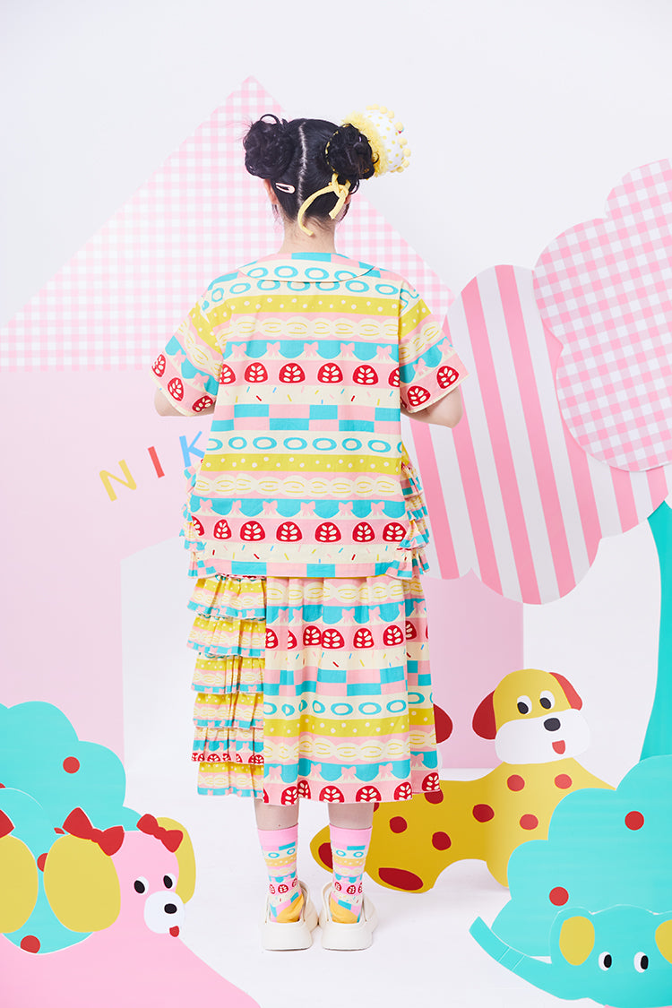 Nikkou Blouse Harajuku Blouse Colorful Layered Cake Print Blouse Cute Showa Style shirt Nikkou home