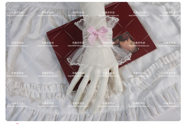 MaoJiang - Kawaii White Lace Bow Wrist Cuffs sleeves maojiang Pink Plaid Bow White Elastic Wrist Cuffs (Pair)
