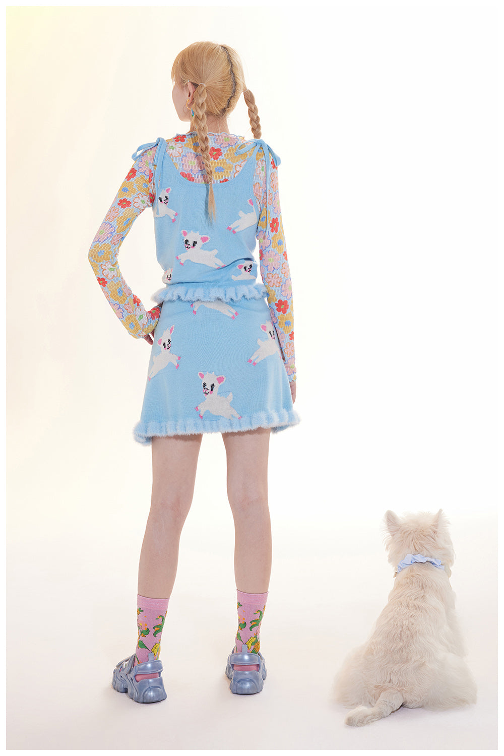 Tntntutu Knitted Set Blue Lamb Illustration Knitted Set Furry Flared Skirt Cozy Top set tntntutu