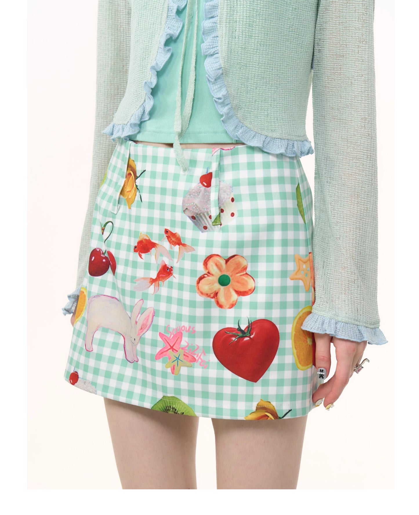 ziziFei - Girly Fruit Print Plaid High Waist Mini Skirt skirt ziziFei