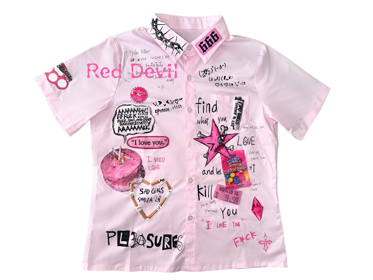 Red Devil Shirt Decora Kei T-shirt Pink Graffiti JK Short-Sleeve Shirt shirt Red Devil