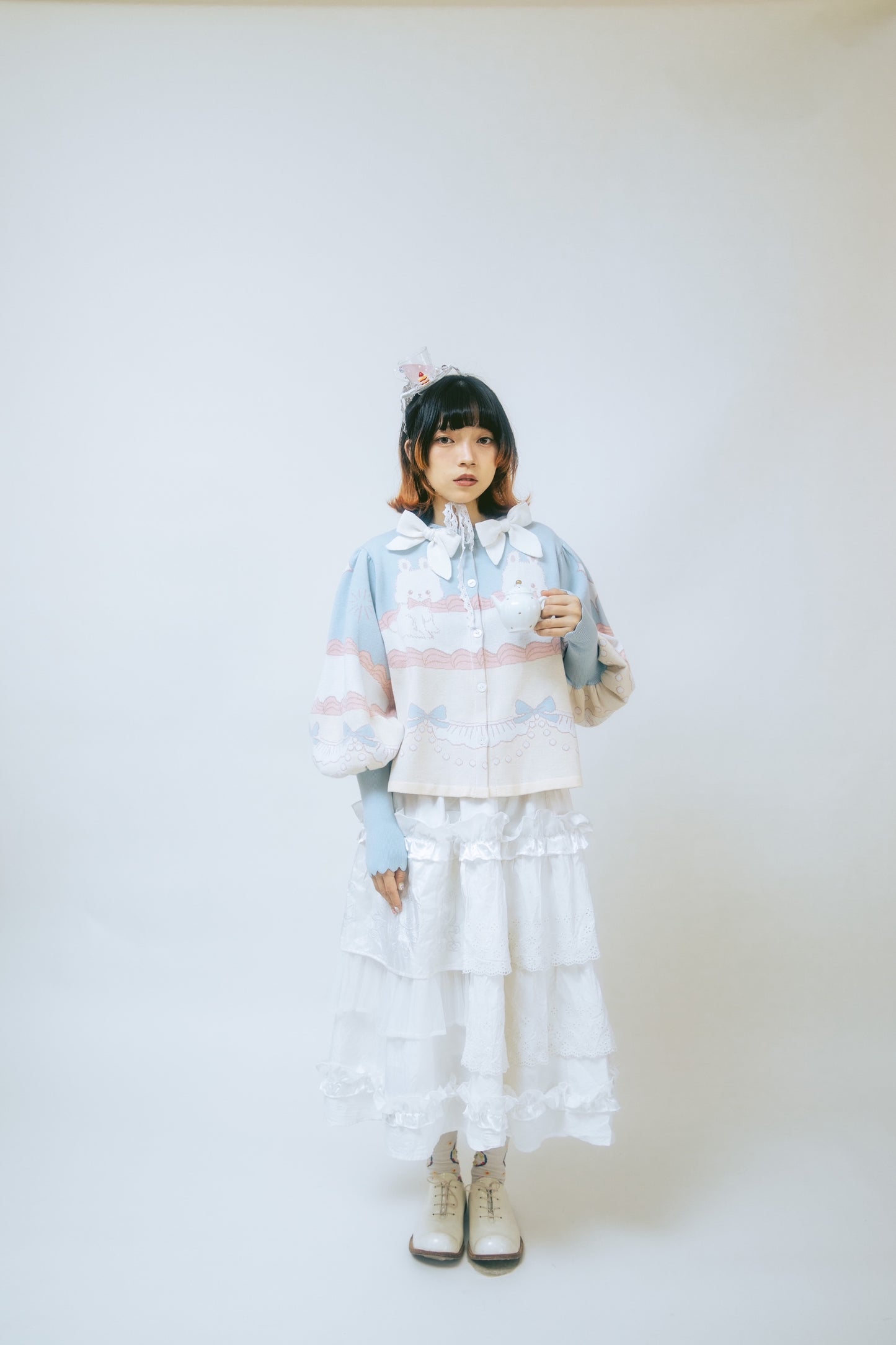 Meugler Bunny Cream Cake Lolita Sweet Bow Short Knitted Cardigan with Leg-of-Mutton Sleeves cardigan Meugler