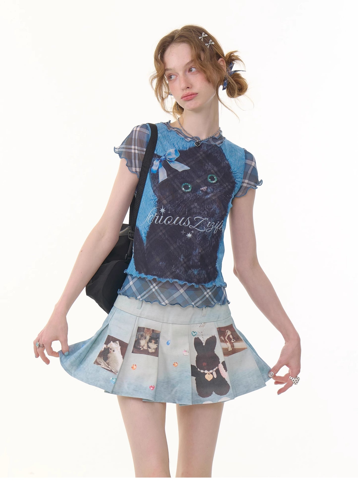 ziziFei - Girly Cat Print Mesh Layered T-Shirt tshirt ziziFei