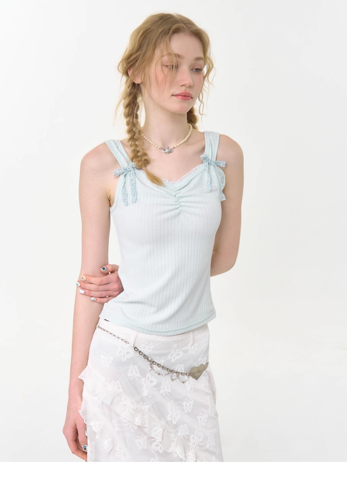 ziziFei - Girly Bow Lace Strappy Tank Top tank top ziziFei