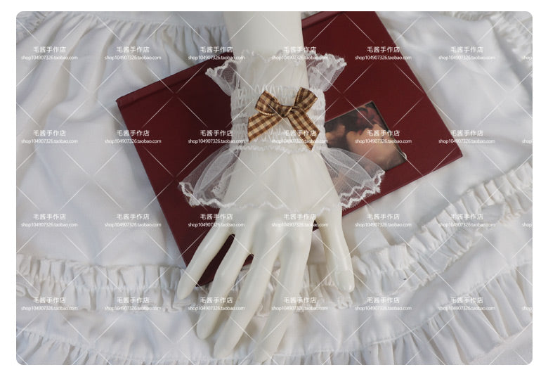 MaoJiang - Kawaii White Lace Bow Wrist Cuffs sleeves maojiang Brown Plaid Bow White Elastic Wrist Cuffs (Pair)