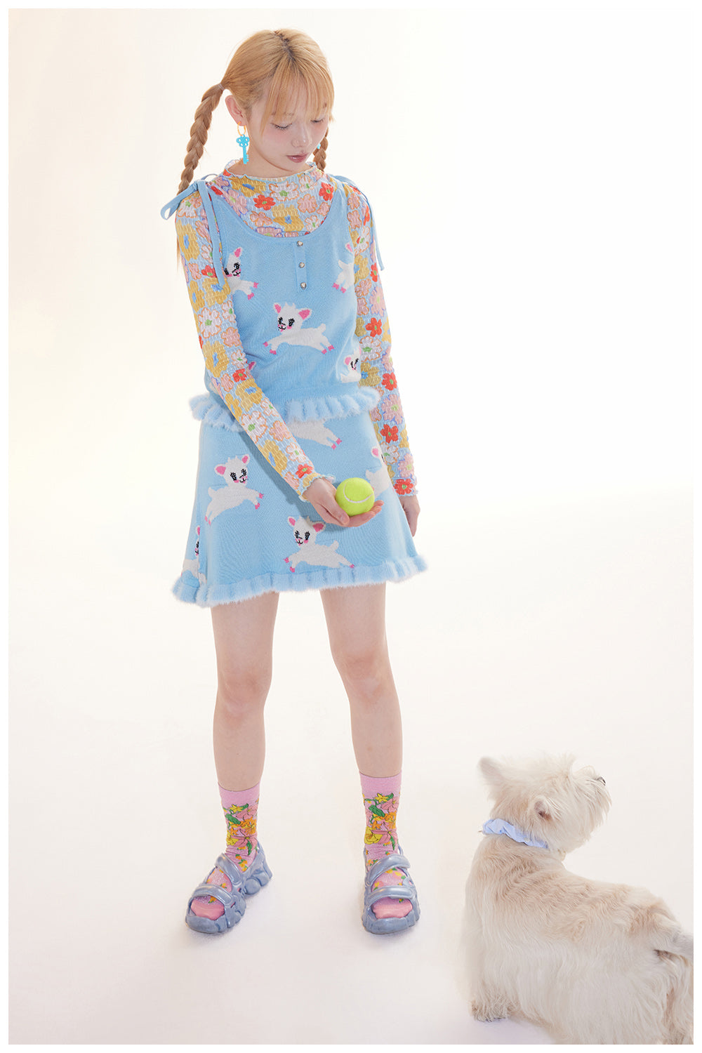 Tntntutu Knitted Set Blue Lamb Illustration Knitted Set Furry Flared Skirt Cozy Top set tntntutu