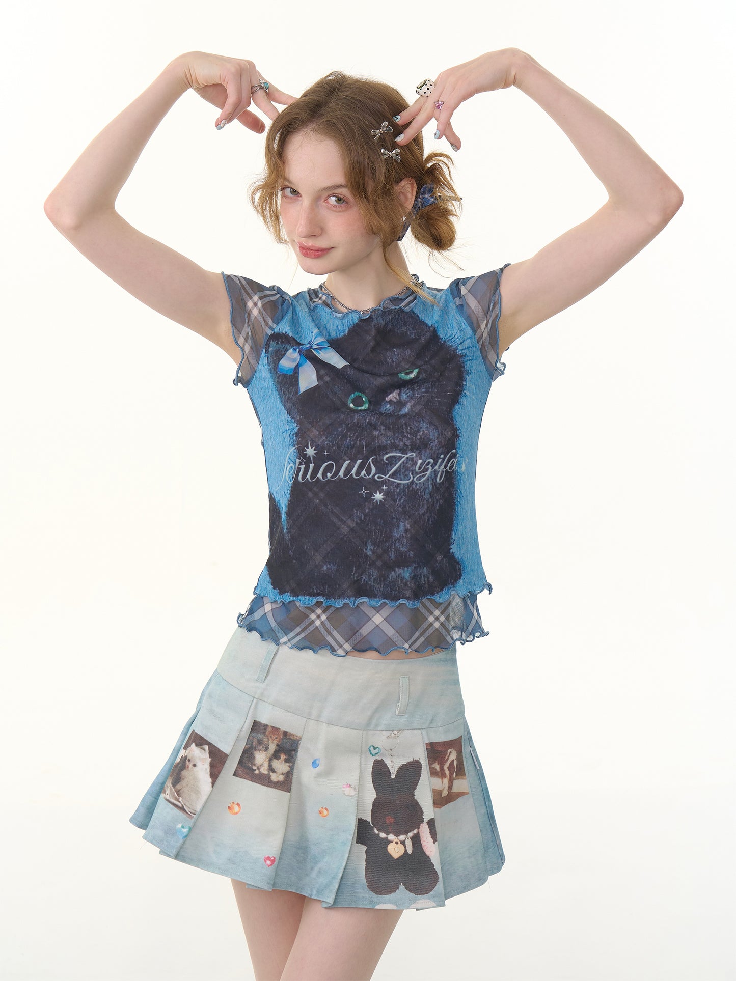 ziziFei - Girly Cat Print Mesh Layered T-Shirt tshirt ziziFei
