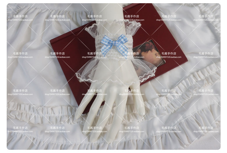 MaoJiang - Kawaii White Lace Bow Wrist Cuffs sleeves maojiang Blue Plaid Bow White Elastic Wrist Cuffs (Pair)