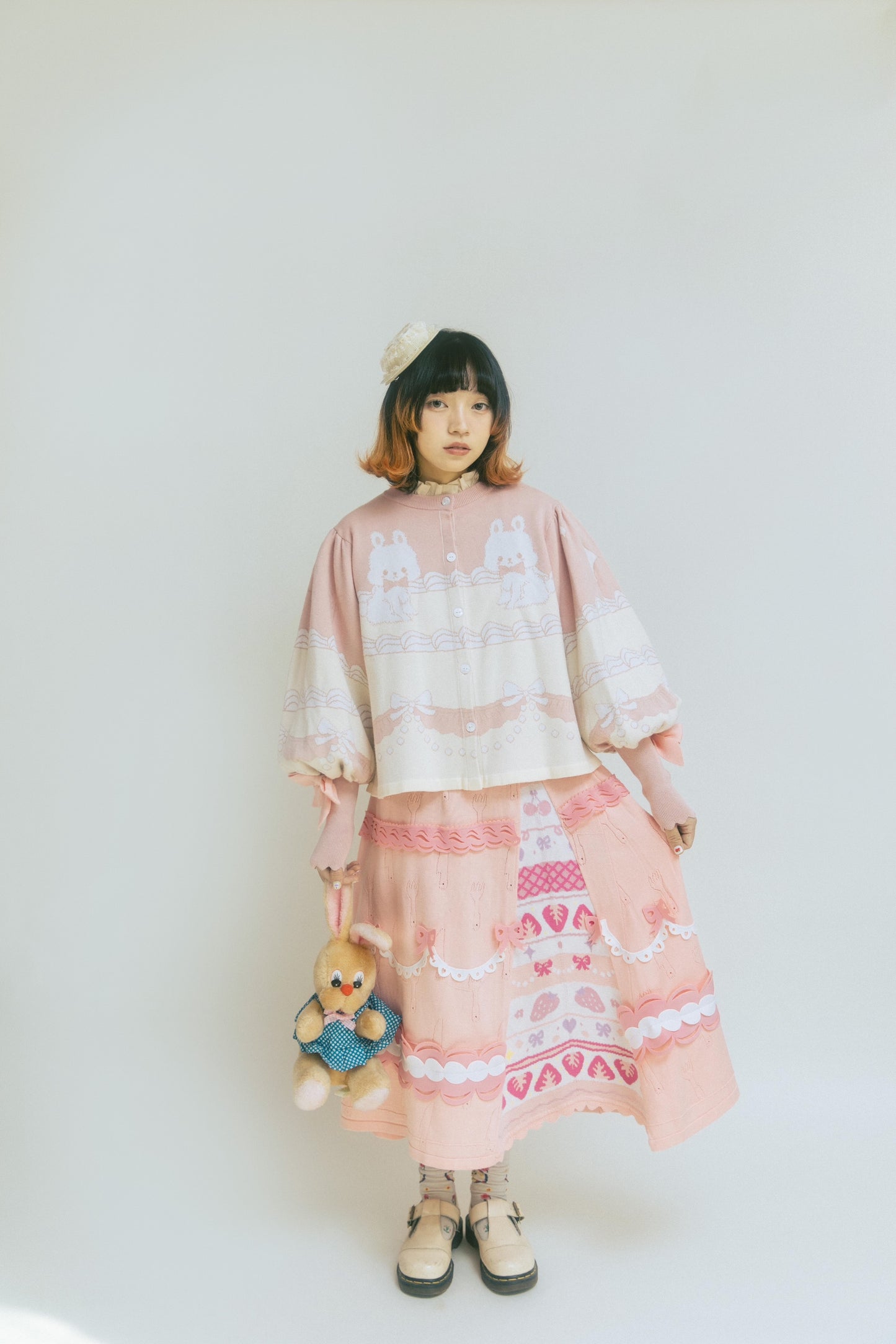 Meugler Bunny Cream Cake Lolita Sweet Bow Short Knitted Cardigan with Leg-of-Mutton Sleeves cardigan Meugler