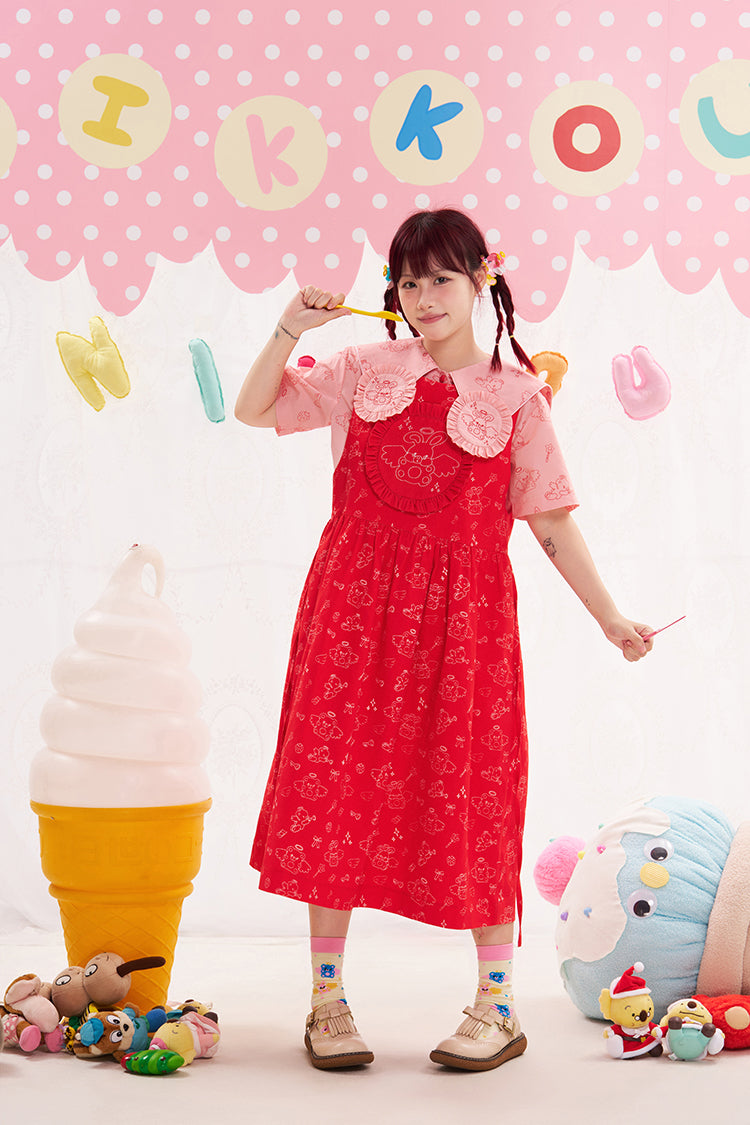 NIKKOU Pink & Red Sleeveless Jumper Dress | Harajuku Embroidered Dress dress Nikkou home Red S