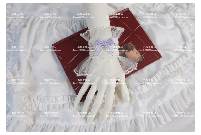 MaoJiang - Kawaii White Lace Bow Wrist Cuffs sleeves maojiang Purple Plaid Bow White Elastic Wrist Cuffs (Pair)