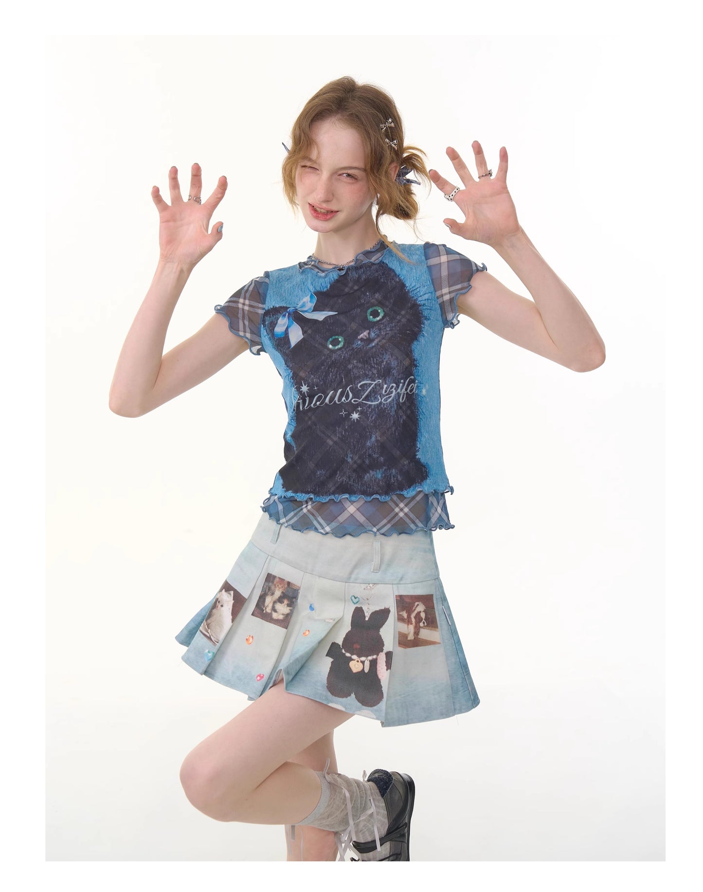 ziziFei - Girly Cat Print Mesh Layered T-Shirt tshirt ziziFei