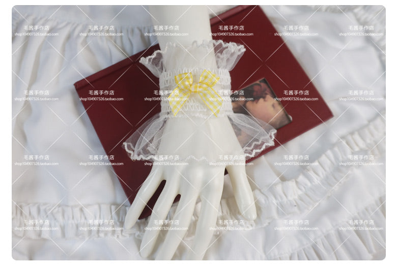 MaoJiang - Kawaii White Lace Bow Wrist Cuffs sleeves maojiang Yellow Plaid Bow White Elastic Wrist Cuffs (Pair)