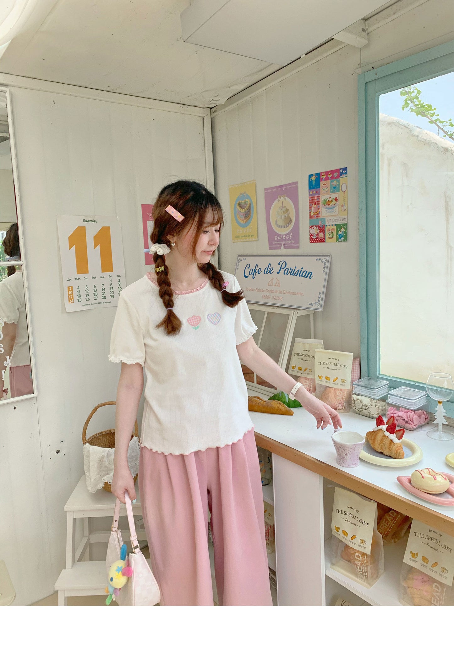 Peach Party - White Embroidered Kawaii T-Shirt